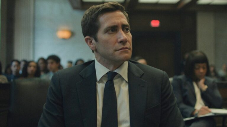 Jake Gyllenhaal as Rusty sitting on trial in Presumed Innocent.