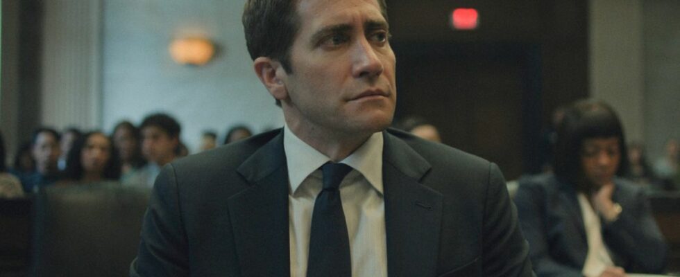 Jake Gyllenhaal as Rusty sitting on trial in Presumed Innocent.