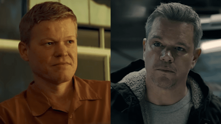 Jesse Plemons in Kinds of Kindness/Matt Damon in The Instigators (side by side)