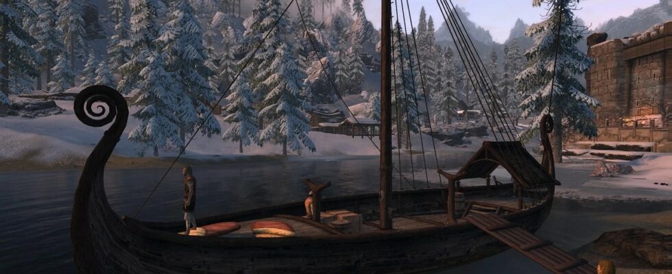 Skyrim: a wooden Biking-style boat sits at a snowy dock.