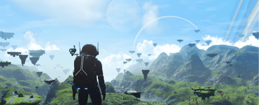 No Man's Sky player looking out at floating islands