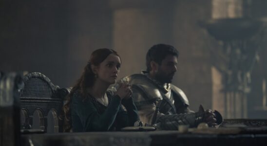 Alicent Hightower (Olivia Cooke) and Ser Criston Cole (Fabien Frankel) sit at the High Council table in episode 6 of House of the Dragon