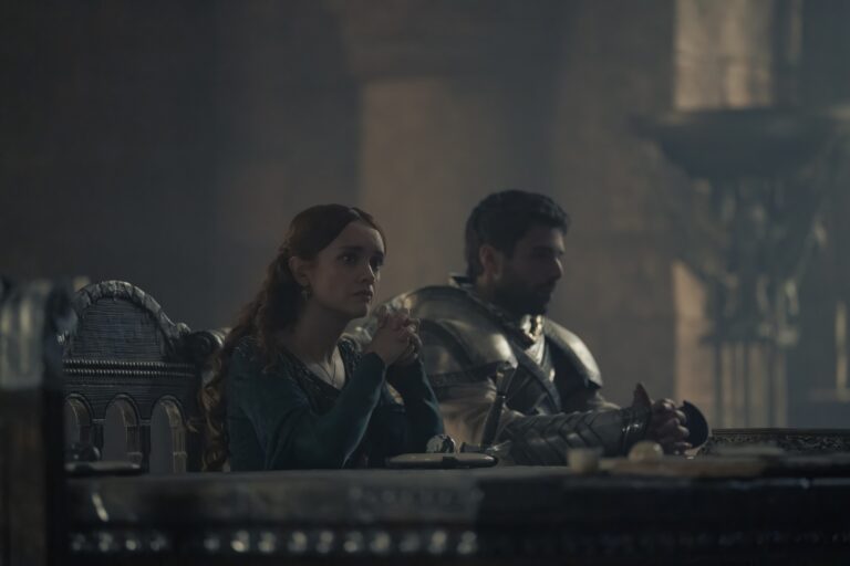 Alicent Hightower (Olivia Cooke) and Ser Criston Cole (Fabien Frankel) sit at the High Council table in episode 6 of House of the Dragon