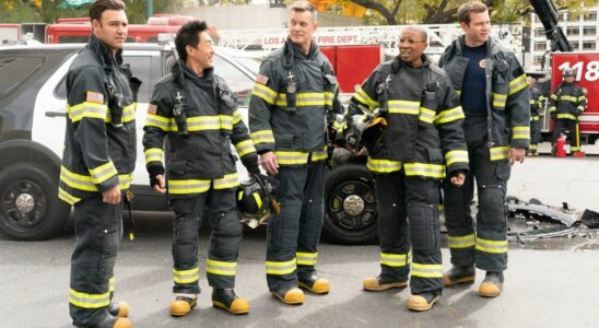 From left to right: RYAN GUZMAN, KENNETH CHOI, PETER KRAUSE, AISHA HINDS, OLIVER STARK all standing in their fire gear.
