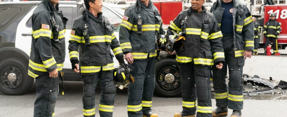 From left to right: RYAN GUZMAN, KENNETH CHOI, PETER KRAUSE, AISHA HINDS, OLIVER STARK all standing in their fire gear.