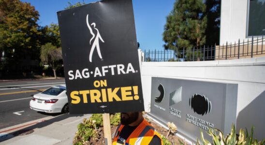 LOS ANGELES, CALIFORNIA - OCTOBER 11: A worker holding a picket sign stands in front of the Sony Pictures Studio during a SAG-AFTRA picket line on October 11, 2023 in Culver City, California. The WGA (Writers Guild of America) has reached a deal with Hollywood studios after 146 days on strike, ending their strike at midnight on September 27. SAG-AFTRA has not reached a deal with the studios and has been on strike since July 14.