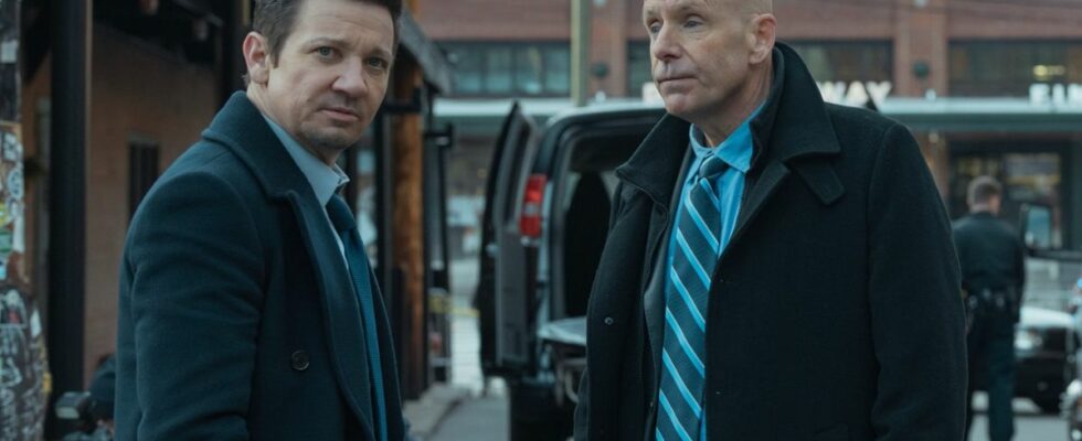 L-R: Jeremy Renner as Mike McLusky and Hugh Dillon as Ian Ferguson in episode 5, season 3 of Mayor of Kingstown streaming on Paramount+, 2024.