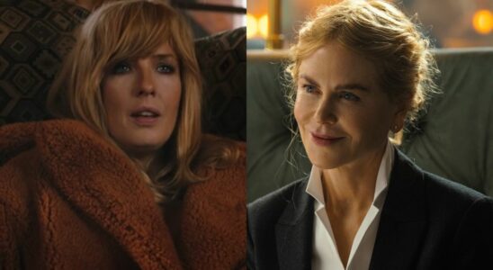 From left to right: Beth slouching in an orange jacket in Yellowstone and Nicole Kidman smiling in Lioness.