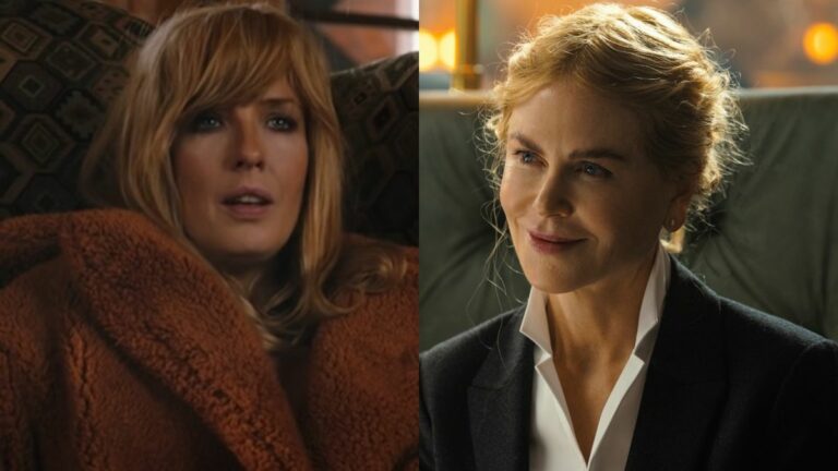 From left to right: Beth slouching in an orange jacket in Yellowstone and Nicole Kidman smiling in Lioness.