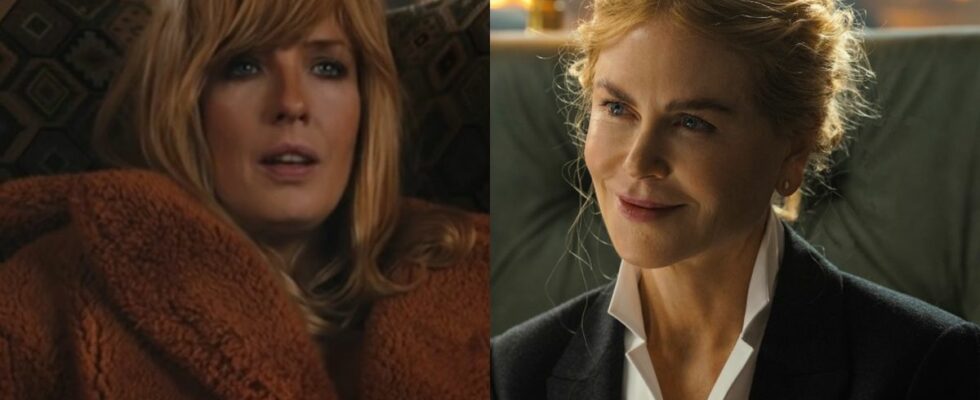 From left to right: Beth slouching in an orange jacket in Yellowstone and Nicole Kidman smiling in Lioness.