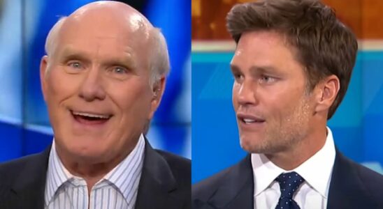 Terry Bradshaw and Tom Brady split image both in suits