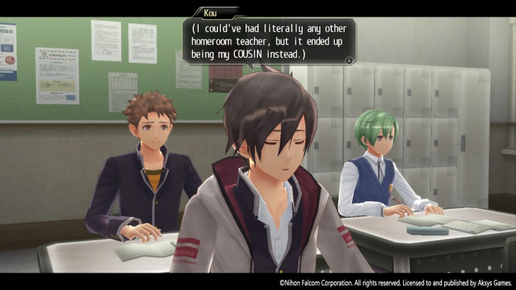 Capture d'écran de Tokyo Xanadu Ex+ montrant trois étudiants assis à leur bureau