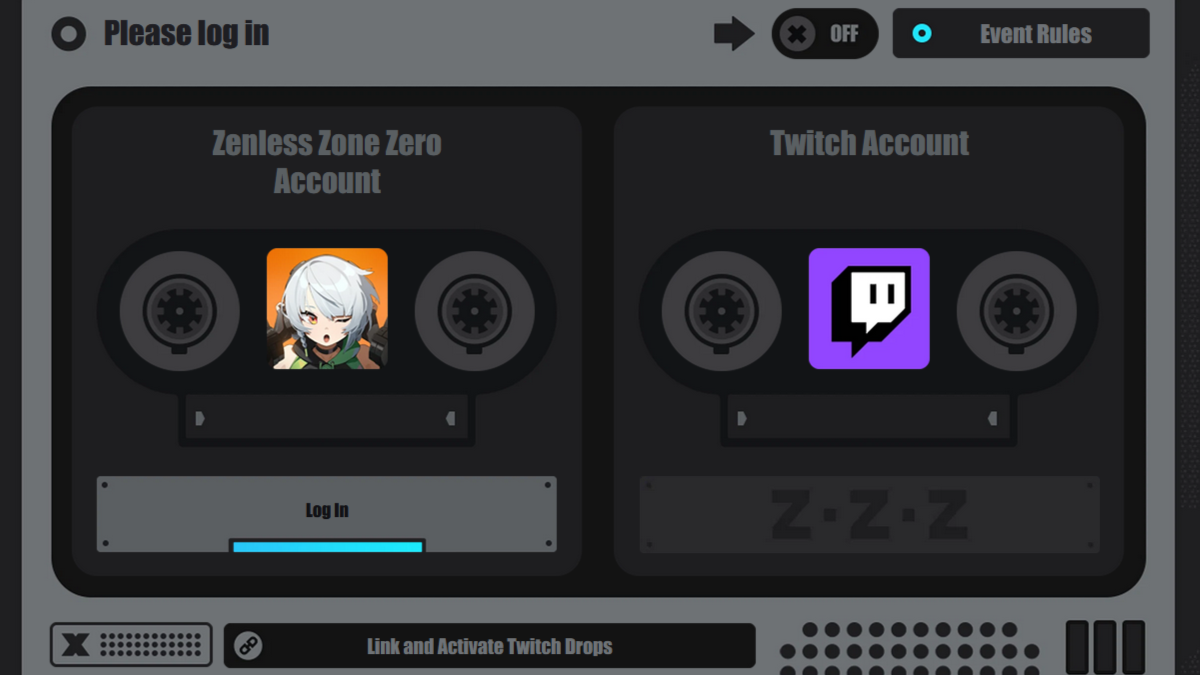 Zenless Zone Zero Twitch Drops : un ensemble de deux cassettes dans un lecteur de cassettes appelé « Compte Zenless Zone Zero » et « Compte Twitch ».