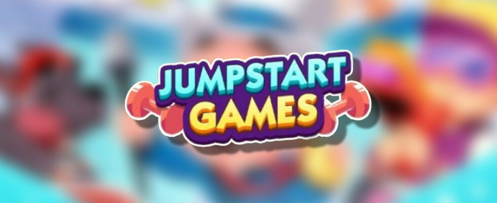 An image of the Jumpstart Games logo on top of a blurred Monopoly GO background in an article detailing the rewards and milestones players can earn during this tournament