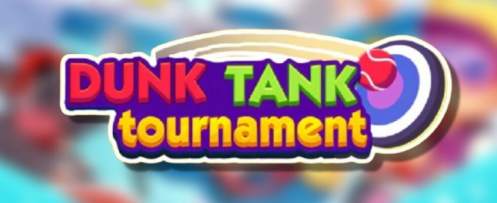 The Monopoly GO Dunk Tank Tournament logo on top of a blurred Monopoly GO background in an article describing what rewards and milestones there are during the event