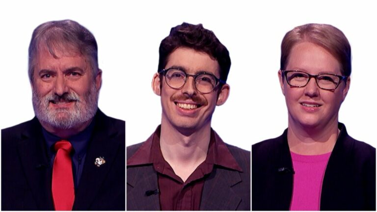 Jeopardy contestants Mike Ferguson, Isaac Hirsch, and Ashley Weaver