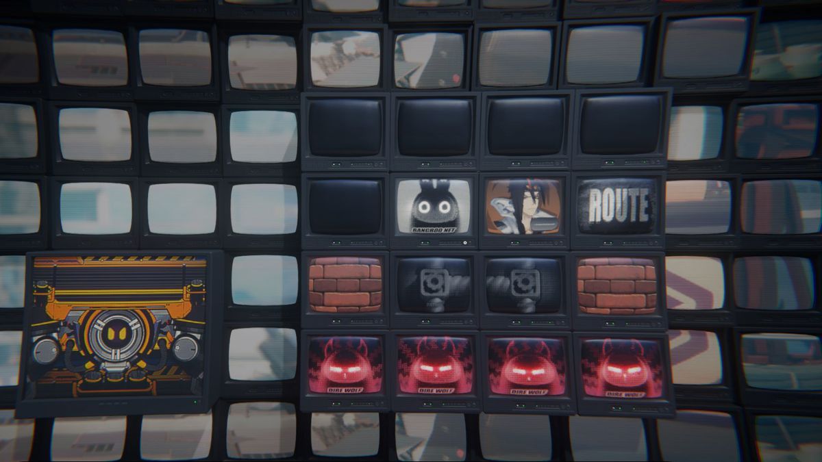 Une capture d'écran de Zenless Zone Zero représentant un groupe de téléviseurs dans une grille, avec le visage d'un personnage sur chaque téléviseur, montrant quatre ennemis sur les téléviseurs au sud du personnage Anton et du personnage du joueur