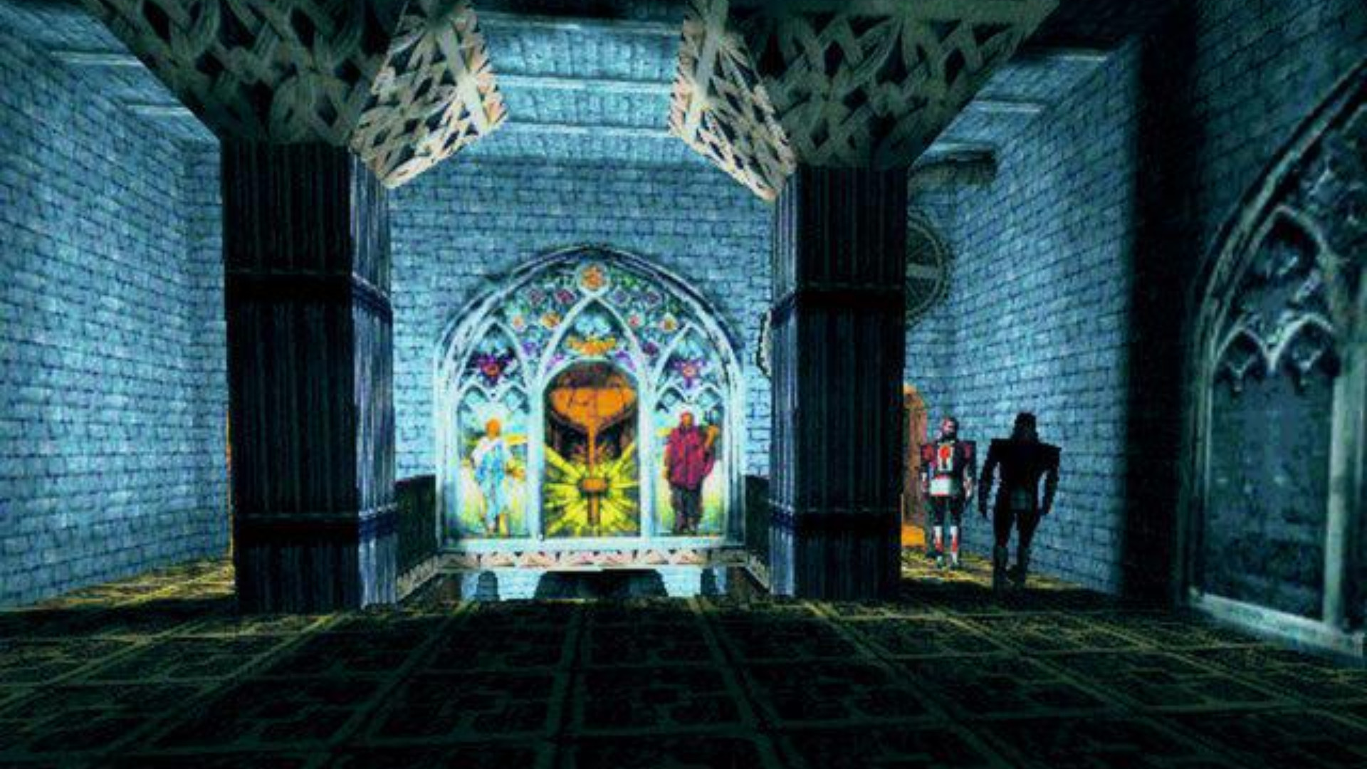 Thief: The Dark Project - Plusieurs personnages se promènent dans un bâtiment fantaisiste.