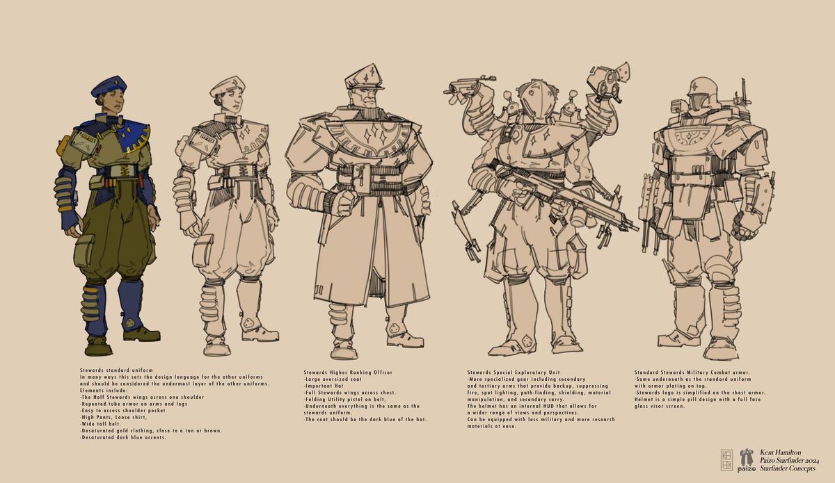 L'art conceptuel des Stewards de Starfinder montre un ordre vaguement militant, avec de longs trenchs et des points d'emport d'armes automatisés.