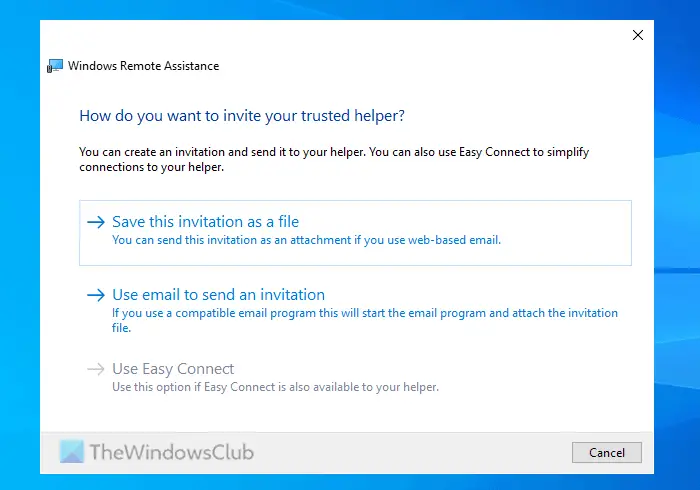 Utiliser le courrier électronique pour envoyer une option d'invitation grisée dans l'assistance à distance Windows