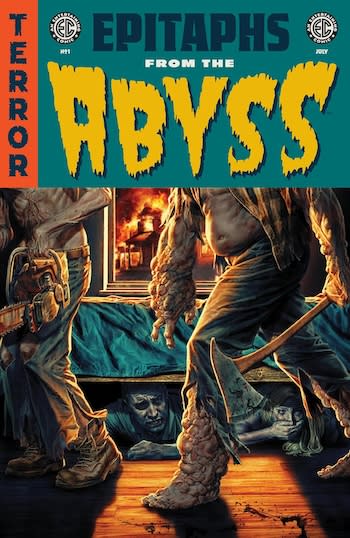 Une couverture pour le premier numéro de la bande dessinée d'horreur Epitaphs from the Abyss, montrant une personne se cachant sous un lit tandis que des créatures tenant une tronçonneuse et une hache passent