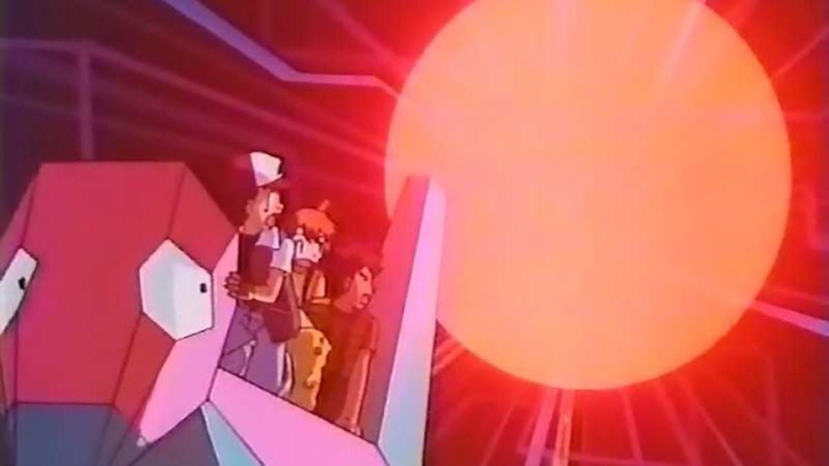 Un groupe de personnages d'anime sur le dos d'une créature rose regardant une explosion lumineuse dans Pokémon.