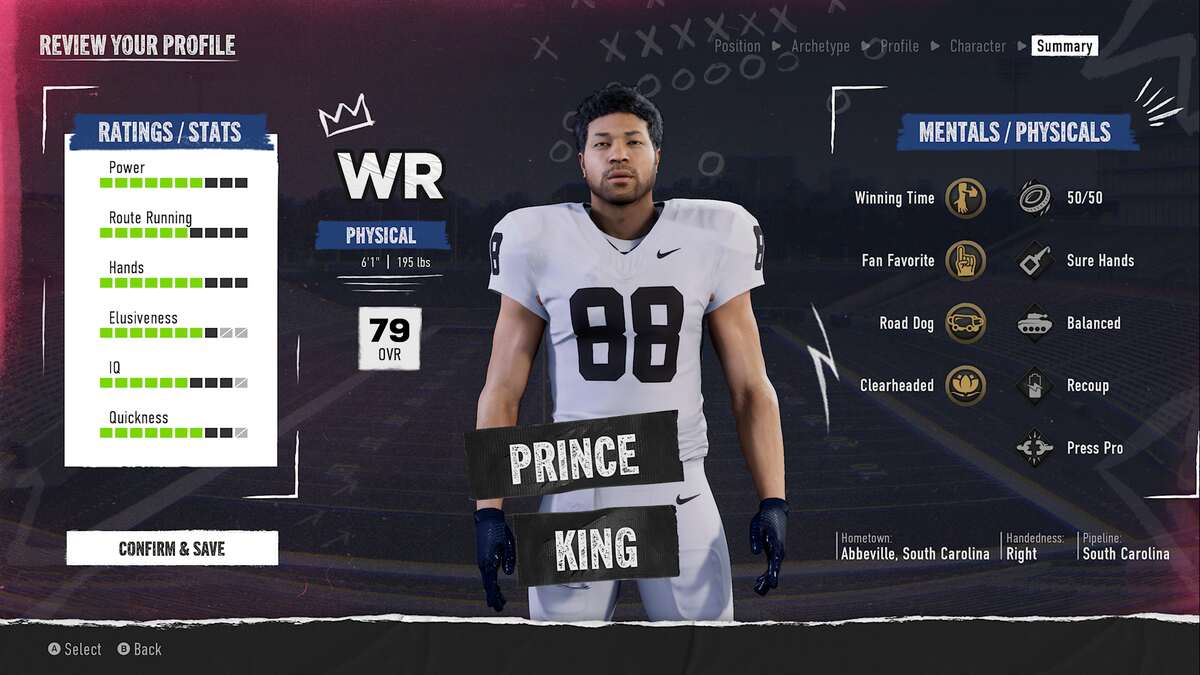 Test de College Football 25 : création d'un joueur nommé « Prince King » dans le mode Road to Glory.