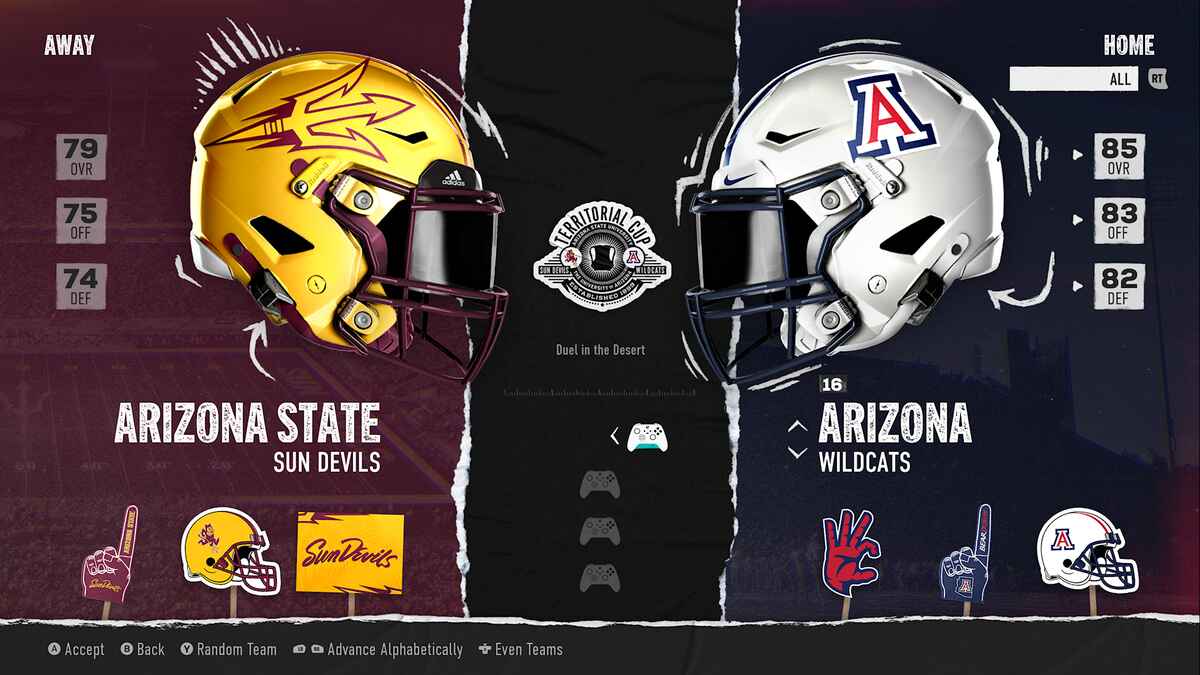 Revue de College Football 25 : Arizona State et Arizona dans le menu de sélection des équipes.