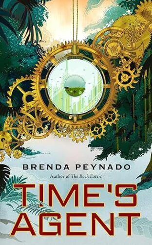 couverture de Time's Agent de Brenda Peynado ; illustration d'engrenages d'horlogerie dorés et éclaboussés de sang sur fond de forêt