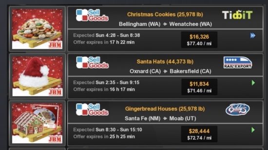 Une capture d'écran montrant des marchandises de Noël comme des biscuits de Noël dans ATS