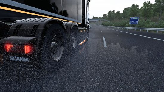 Mods American Truck Simulator : Les projections de roues causées par le mod Realistic Brutal Graphics et Weather.