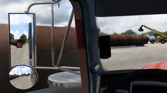 Un aperçu du mod miroir réaliste de Truckerkid, du point de vue de la cabine du camion