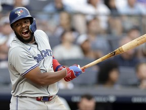 Vladimir Guerrero Jr. des Blue Jays de Toronto réagit après avoir été éliminé.