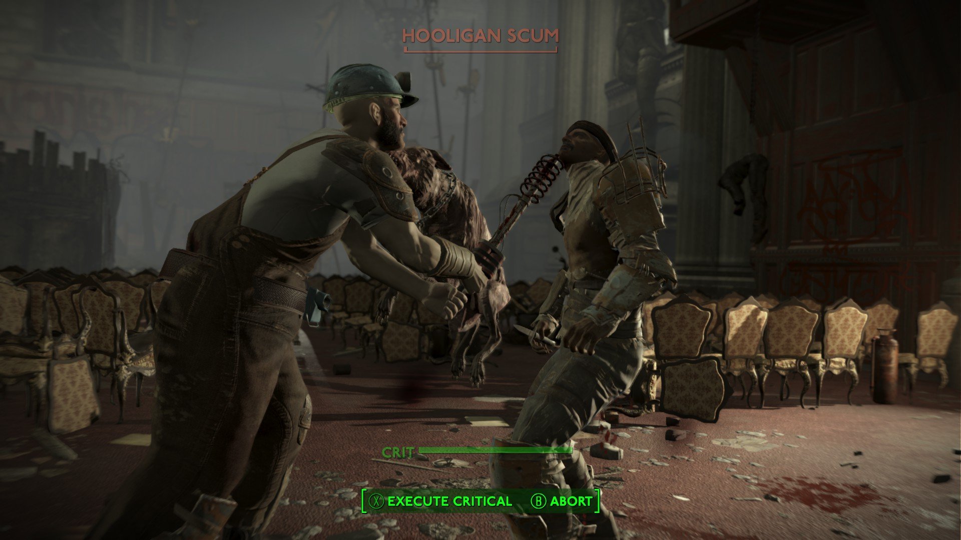 Critique de Fallout London : vue VATS à la troisième personne du protagoniste frappant un ennemi à la tête avec une arme contondante.