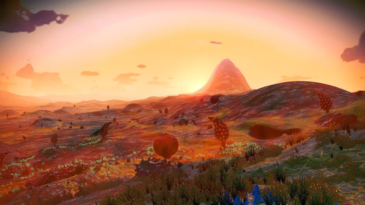 Une planète marécageuse dans No Man's Sky, avec des champignons et des herbes étranges parsemant le paysage.