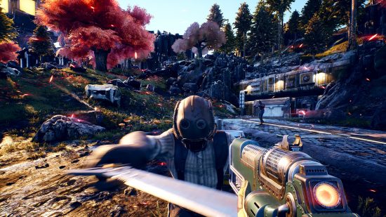 Outer Worlds : une personne tenant un pistolet laser se défend contre un agresseur brandissant une épée