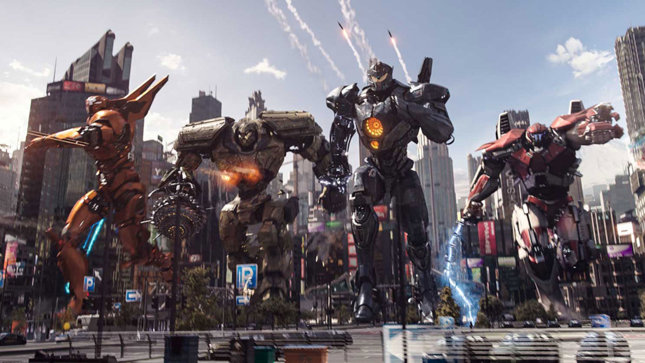 Un groupe de Jaegers courant vers la caméra dans Pacific Rim: Uprising.