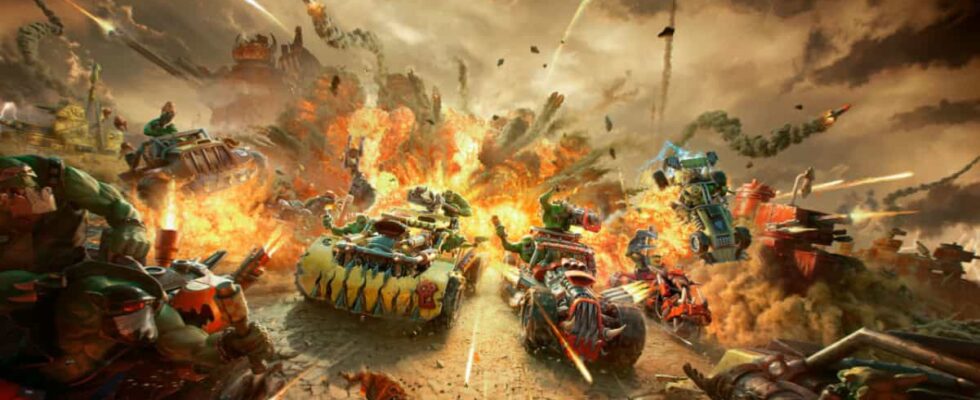 Ork vehicles race away from an explosion in Warhammer 40,000: Speed Freeks