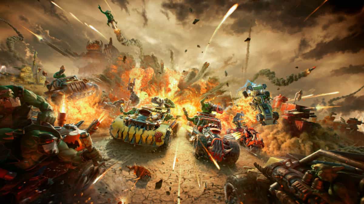 Ork vehicles race away from an explosion in Warhammer 40,000: Speed Freeks