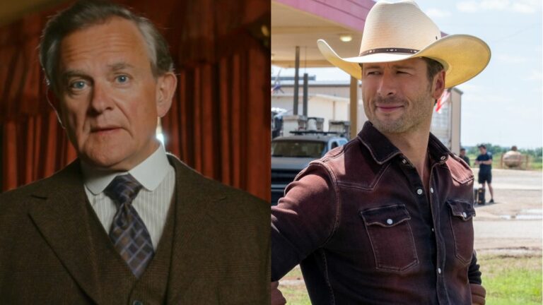 Hugh Bonneville shown with confusion in Downton Abbey: A New Era and a cocky Glen Powell from Twisters, pictured side by side. 