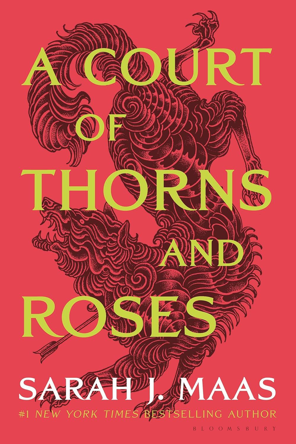 La couverture de A Court of Thorns and Roses avec un fond rouge, une créature dans le style de l'héraldique médiévale 