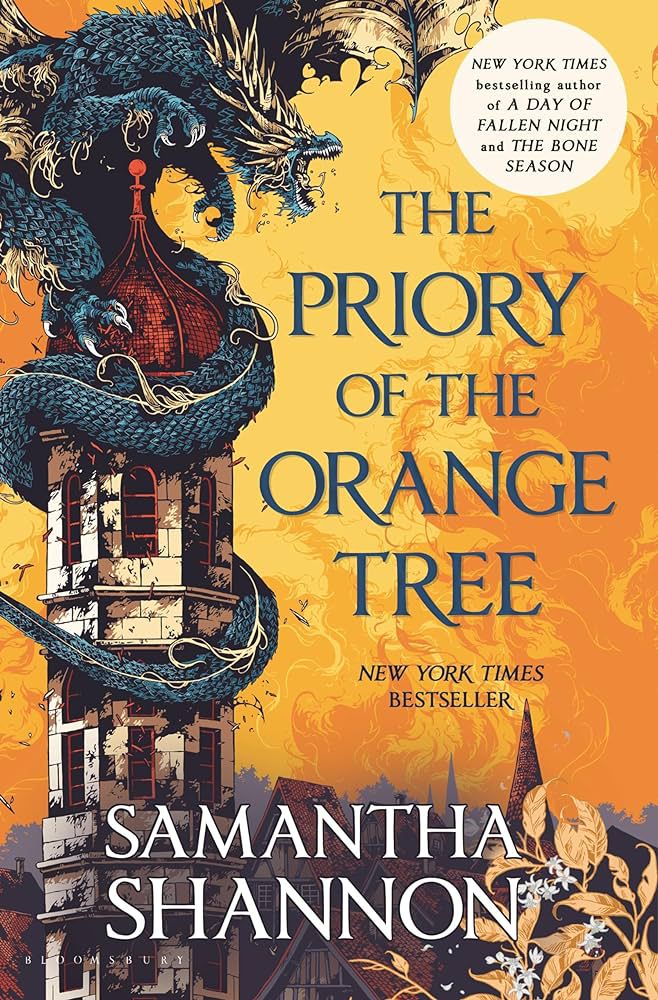 La couverture du Prieuré de l'Oranger présente un fond orange avec un dragon enroulé autour d'une tour