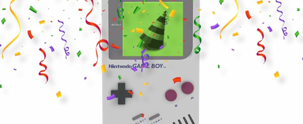 A Nintendo Game Boy on a white background with party confetti falling down.