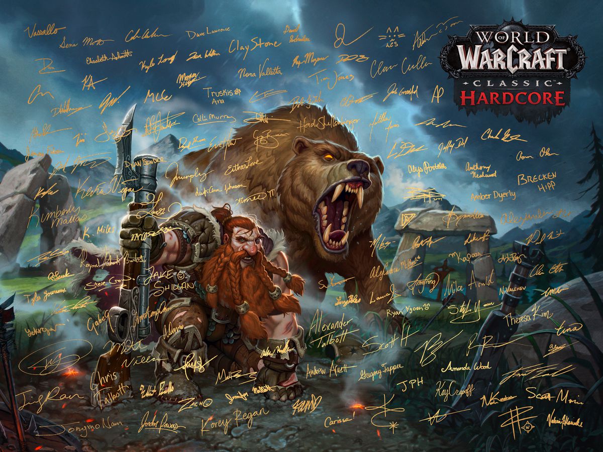 Une affiche d'art clé de World of Warcraft Classic Hardcore, montrant un chasseur nain avec un ours comme animal de compagnie, signée par des dizaines de développeurs