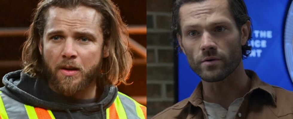 From left to right: Max Thieriot as Bode in an orange vest in Fire Country and Jared Padalecki on Walker.