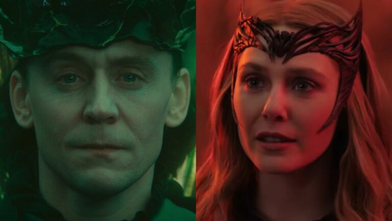 Loki (Tom Hiddleston) looks at his friends on Loki, and Wanda Maximoff/Scarlet Witch (Elizabeth Olsen) speaks to Stephen Strange in Doctor Strange in the Multiverse of Madness