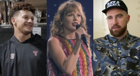 From left to right: Patrick Mahomes smiling in Quarterback, Taylor Swift singing into a mic during the Reputation tour and Travis Kelce in Kelce.