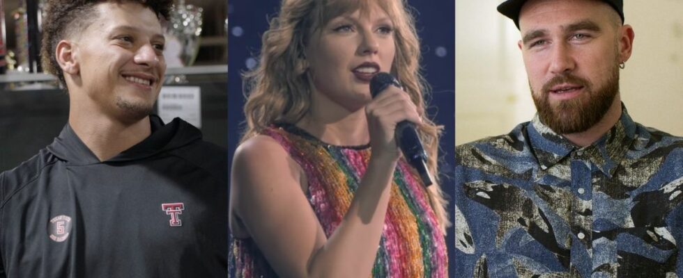 From left to right: Patrick Mahomes smiling in Quarterback, Taylor Swift singing into a mic during the Reputation tour and Travis Kelce in Kelce.