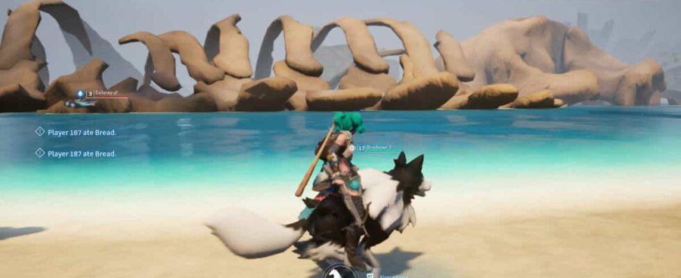 Player rides Direhowl at a high speed in Palworld