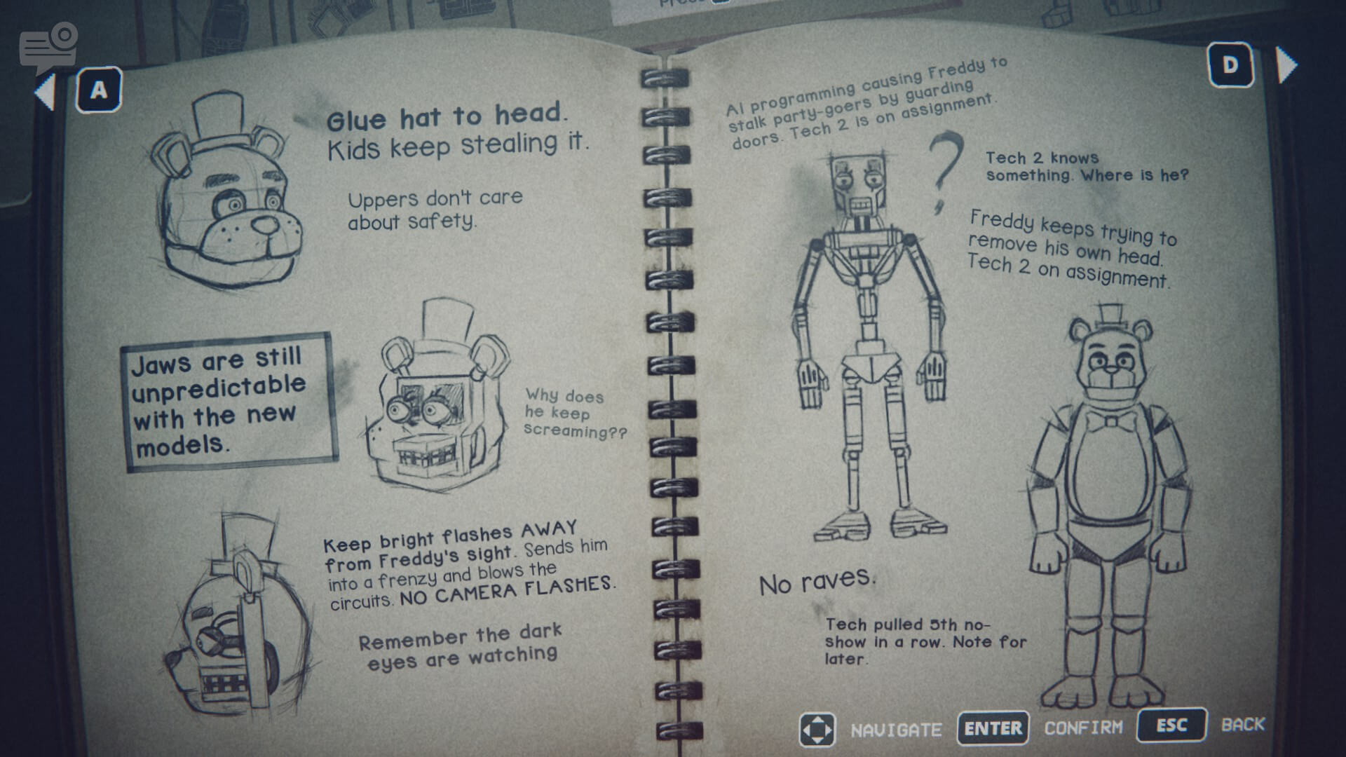 Plusieurs croquis détaillés avec quelques notes techniques sur le fonctionnement de l'animatronique. Celui-ci est spécifiquement dédié à Freddy Fazbear.